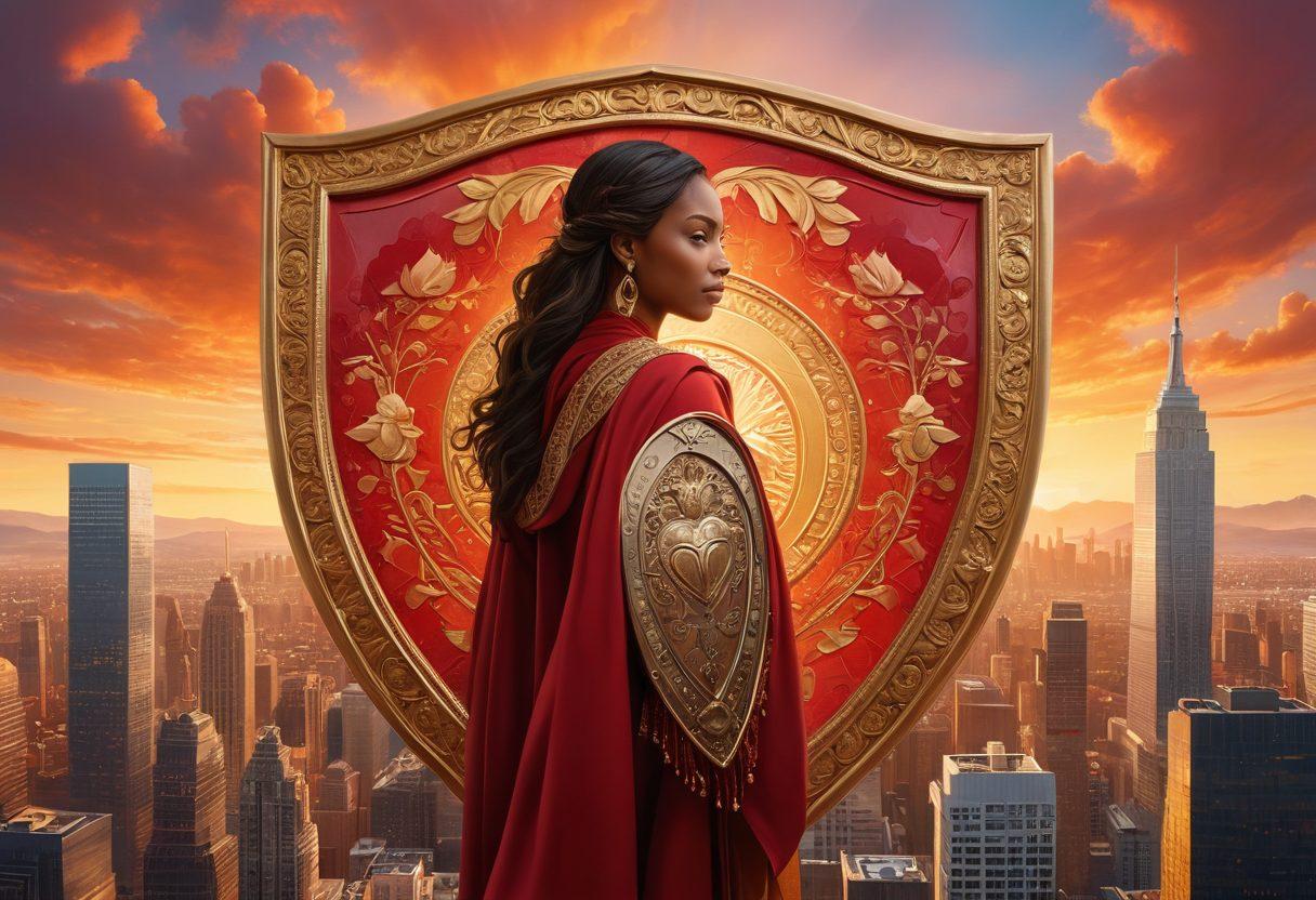 A strong woman standing confidently with a shield that represents protection, surrounded by symbols of love (hearts) and financial security (money bags). Incorporate warm, empowering colors like deep reds and golds. Highlight a skyline in the background illustrating growth and stability. Emphasize the theme of empowerment and security. super-realistic. vibrant colors.
