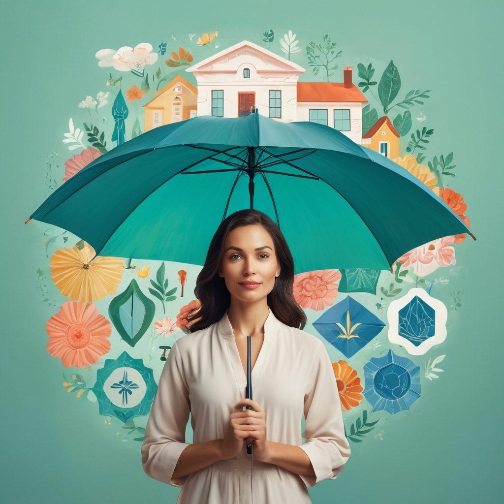 A confident woman holding an umbrella that represents protection, surrounded by various symbols of insurance like a shield, a home, and medical icons. Soft, calming colors with a serene background to convey peace of mind, showcasing her resilience in navigating risks. Include subtle elements like gears to represent strategy and planning. Illustrative style, modern and uplifting.