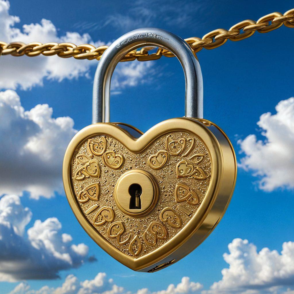 A heart-shaped padlock symbolizing safety, intertwined with golden coins and a warm, glowing light. Surrounding the lock are gentle hands cradling it, representing love and care. In the background, soft clouds and a clear blue sky evoke a sense of security and hope. The scene should balance warmth and professionalism, illustrating the harmony between love and financial protection. super-realistic. vibrant colors. soft focus.